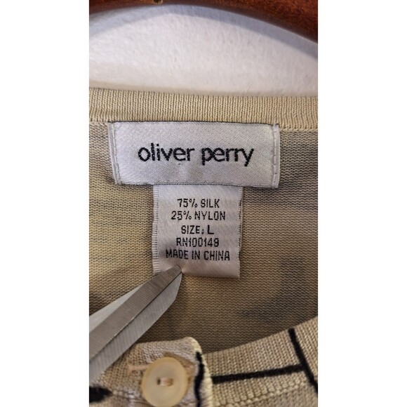 OLIVER PERRY Silk Blend Women's Cardigan Sz L All Over Fashion Print Button Up - Picture 3 of 9